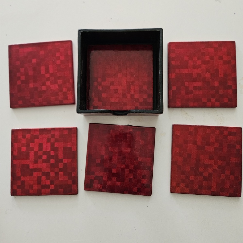 Set of 6 Red Lacquered Mosaic Square Coasters In Matching Holder  Glossy Finish